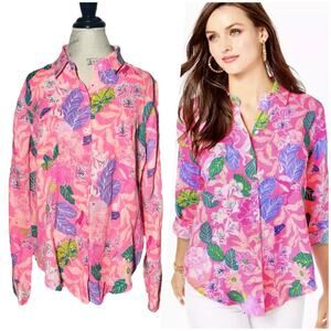 Lilly Pulitzer | Women | Sea View Pink Isle Floral Linen Button Up Shirt | Large